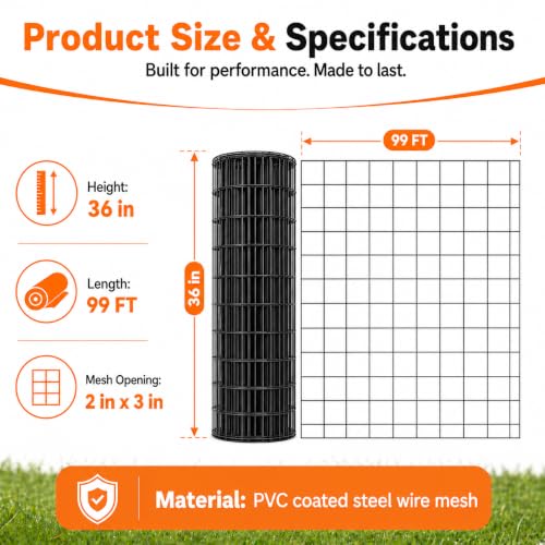 Welded Wire Fence Roll 16GA Black Coated Steel Wire Mesh, Heavy Duty Garden Fencing for Dog Fence, Poultry Enclosure, Vegetable Garden & Flower Border (36 in x 99 ft) - size: 36 in x 99 ft