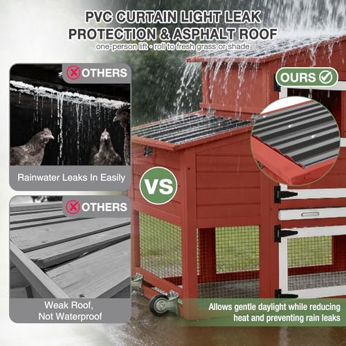 80" Large Chicken Coop on Wheels, with Run, Outdoor Wooden Hen House with Nesting Box, Leakproof Pull-Out Tray & Waterproof Roof, for 4–6 Chickens-Red - color: Red (AIR61-R)