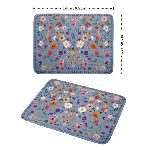 Colorful Flower Dish Drying Mat - Blue Large Floral Coffee Mat for Kitchen Counter Decor 18 X 24 - color: Wildflowers Blue, size: 24" x 18"