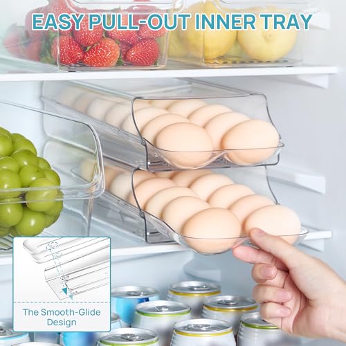Vtopmart 1 Pack Egg Holder for Fridge, Automatic Rolling Egg Container | Stackable Clear 14-Count Eggs Organizer with Removable Inner Tray, Egg Storage for Refrigerator, Space Saving