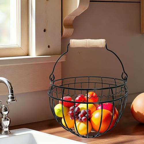 Farmhouse Wire Egg Basket for Gathering Fresh Eggs, Holds 24 with Handle | Vintage Style, Black Metal Open Weave, Backyard Chicken Keepers, Easter/Christmas Gift, Egg Collecting Basket, Countertop