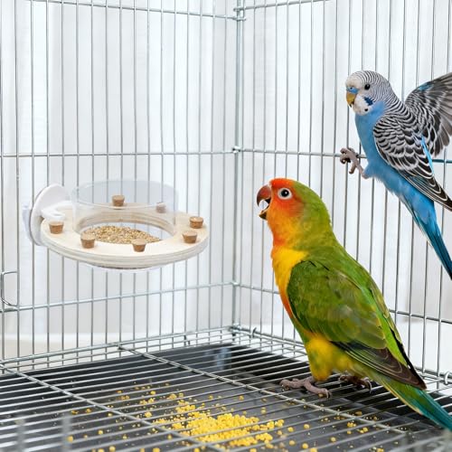 Bird Cage Accessories, Transparent Acrylic Feeding Bowl with Wooden Frame & Chewable Cork, Bird Cage Feeder for Budgies, Cockatiels, Lovebirds, Canary and Other Small Birds