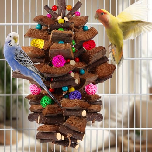 Kyouki Bird Toy for Parrots，Cockatiels, Budgies, Conures, Macaws, Lovebirds, Amazons and Other Small/Medium/Large Birds - Chewable & Shreddable Natural Coconut Husk Enrichment Toy (Large) - size: Large Standard
