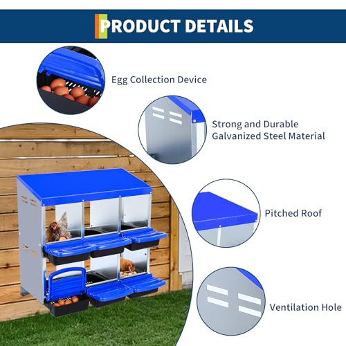 2-Tier Chicken Nesting Box, 6 Compartment Metal Nesting Box for Chickens with Waterproof Roof, Non-Slip Stable Base, Heavy Duty Chicken Laying Boxes for Hens, Poultry - color: Blue, size: 6 holes