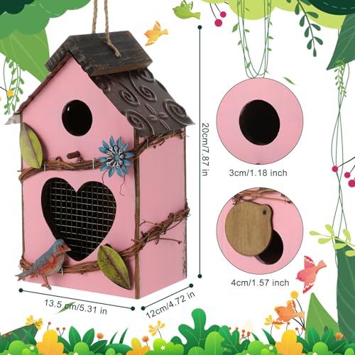 DoubleFill 2 Pcs Birdhouses for Outdoor Hanging Yard Outside Wooden Birdhouse Hand Painted Bird Box for Bird Lovers Bluebird Tree Garden Decor Decorative Birdhouse(Pink,Yellow,Iron Roof) - color: Pink,Yellow, size: Iron Roof
