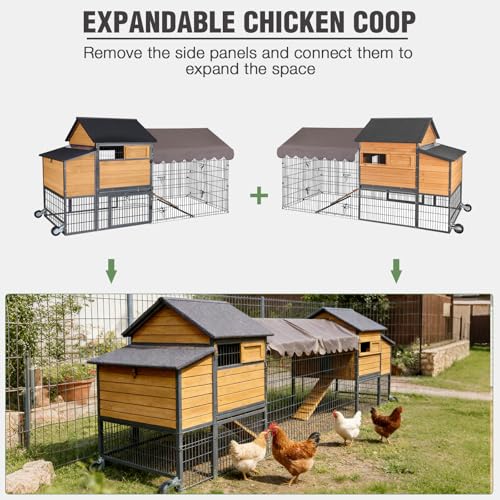 GUTINNEEN Extra Large Mobile Chicken Coop with Wheels, Large Outdoor Hen House with Run for 4-6 Chickens, Wooden Poultry Cage with Nesting Box, Metal Sliding Tray, Waterproof Cover - color: Brown and Black