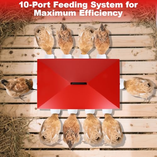 100Lb Automatic Chicken Feeder with Window 8 Port No Waste Rust-Proof Galvanized Steel with Locking Lid & Adjustable Height Legs Waterproof Portable Poultry Feeder for Chickens,Ducks,Geese