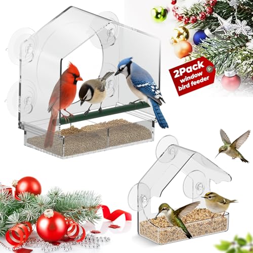 Window Bird Feeder with Non-Marking Self-Adhesive Hooks, 2 pcs Clear and Transparent, Outdoor Wild Bird Watching Gift for Finches, Cardinals (1 Large+1small Acrylic) - color: Off-white