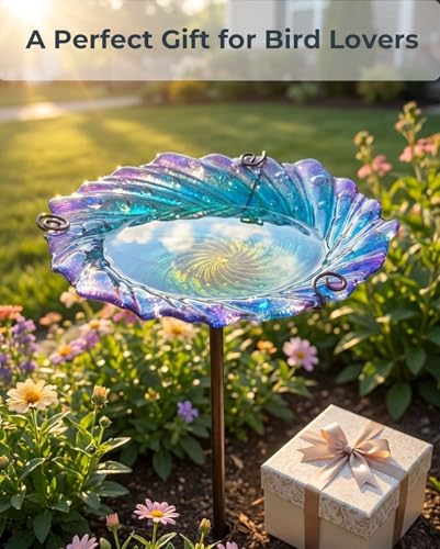Blue Glass Bird Bath, 10.5" Shallow Birdbath with 3-Prong Stake | Decorative Birdbath Bowl & Wild Bird Feeder for Garden, Patio, Backyard Decor