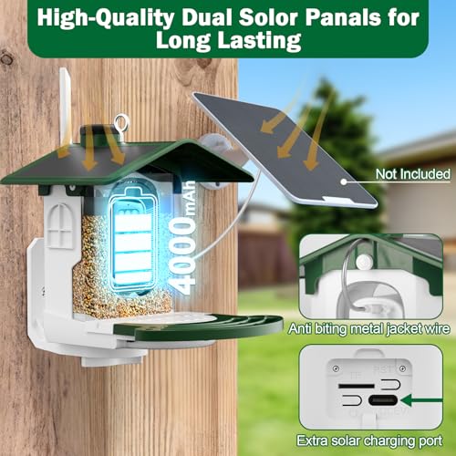Smart Bird Feeder with Camera, Solar Powered Outdoor House, Green | 2K HD Video, AI Auto Capture Birdhouse, Dual Solar Power Design, Supports Micro SD Card up to 128GB (Not Incl.) - color: Medium Green