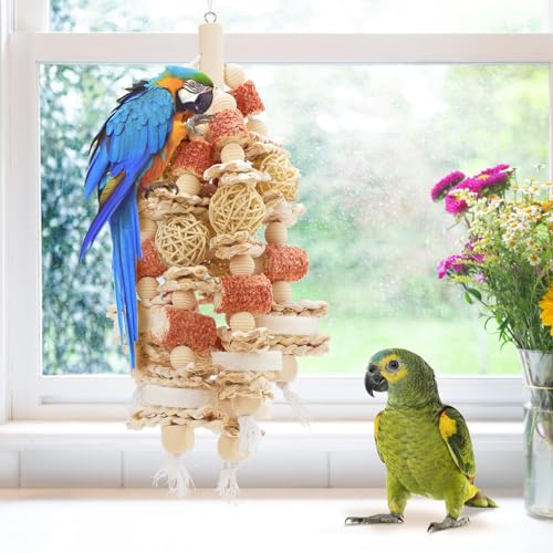 Bird Toys，17.5 Inches Parrot Toy for Chewing | Natural Corn Cob, Loofah Slices, Can Be Hung in Large and Medium-Sized Parrot Cages