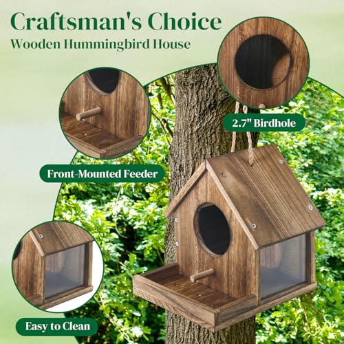 DIY Wooden Hummingbird House Assembly Kit for Outside Hanging | Humming Bird House with Bird Feeder and Transparent Viewing Window for Outdoors, Great Garden Decoration Gift for Bird Lovers