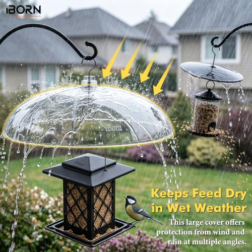 iBorn Bird Feeder Rain Guard, 16" Dome Weatherproof Cover,PC Clear 1Pk | High Hardness Polycarbonate(PC), Chew Resistant, Rainproof, Leakproof, Clear Viewing,Durable for Outdoor
