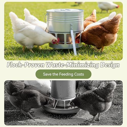KOL Metal Chicken Feeder - 20lbs No Waste Chicken Feeder with 12 Ports, Powder Coated Rust-Proof Design & Smooth Edges for Safe Feeding (Silver) - color: Silver