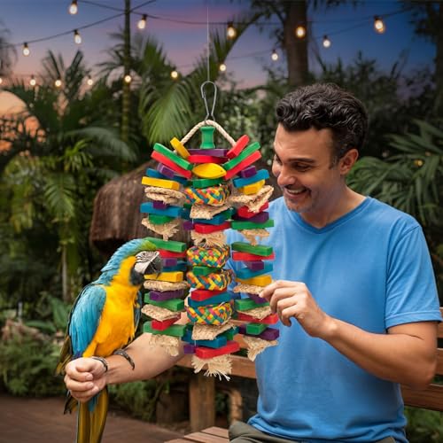 Shappy Large Bird Toy Making Kit, 228 Pcs DIY Parrot Toys Supplies, Natural Wood Chewing Blocks Beads Rope Bell Set for Macaw, Cockatiel, African Grey, Parakeet Cage Enrichment