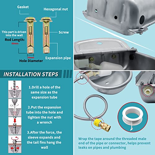 Automatic Animal Drinking Water Bowl, 304 Stainless Steel Waterer for Dog Horse Goat Pig Cow, Livestock Water Trough Dispenser with Pipe Hose, 2 Float Valves, Quick Connecter, Expansion Bolt