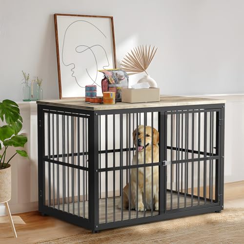 Lyromix 43'' XL Dog Crate Furniture with 3 Doors for Medium to Large Dogs | Wooden Kennel End Table, Heavy Duty Indoor Cage for Golden Retriever Labrador, Multiple Units Can be Combined, Grey - color: Ancient gray, size: 43.3"L x 29.9"W x 33.1"H