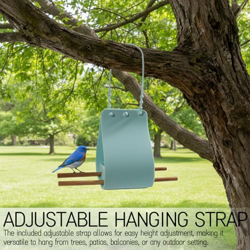 Hanging Bird Feeder with Wooden Perches, No Mess Silicone Feeding, Adjustable Strap for Parrots and Wild Birds, for Garden, Patio, and Balcony Decor (Blue) - color: Blue