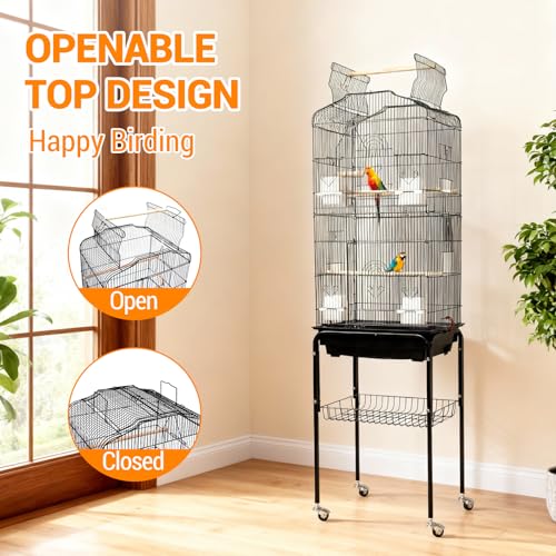 64'' Large Metal Bird Flight Cage with Open Top, Detachable Rolling Stand & Storage Shelf for Parrots, Conures, Lovebirds, Cockatiels, Parakeets, Black