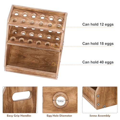 HAITRAL 3-Tier Wooden Egg Holder, Retractable Countertop Rack Hold 70 Egg | Farmhouse Egg Rack With Handle, for Fresh Chicken Egg, Duck Egg, Suitable for Home Kitchen