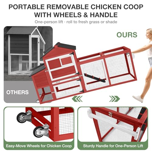 Large Chicken Coop with Wheels, Outdoor Wooden Hen House with Run & Nesting Box, for 3-5 Chickens, Waterproof Asphalt Roof, Leakproof Tray, Expandable Poultry Cage-Red - color: Red (AIR72-R)