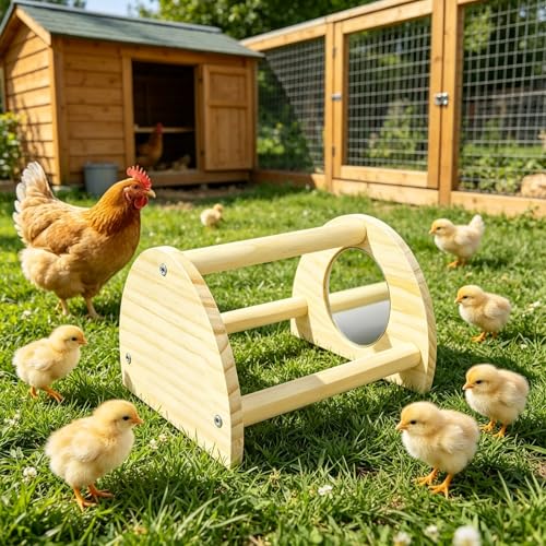 Pine Chicken Perch with Mirror, Strong Chick Jungle Gym Roosting Bar, Chicken Toys for Coop and Brooder, Training Perch Toys for Large Bird, Parrot, Macaw, Hens (Small) - size: Small