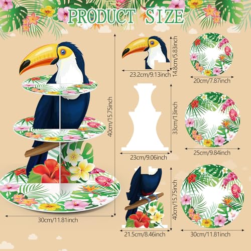 3 Tier Hawaiian Party Decor Bird Toucan Cupcake Stand Tropical Birds Cupcake Tower Luau Aloha Themed Cake Holder for Summer Luau Hawaiian Beach Pool Rainforest Birthday Party Decor Supplies - style: Hawaiian