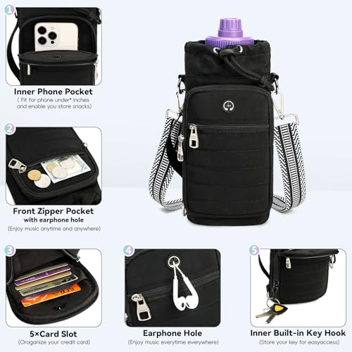 Water Bottle Carrier bag with Strap Phone Pocket for Walking, Hiking, Cycling - color: 1-Black, size: 32oz-40oz