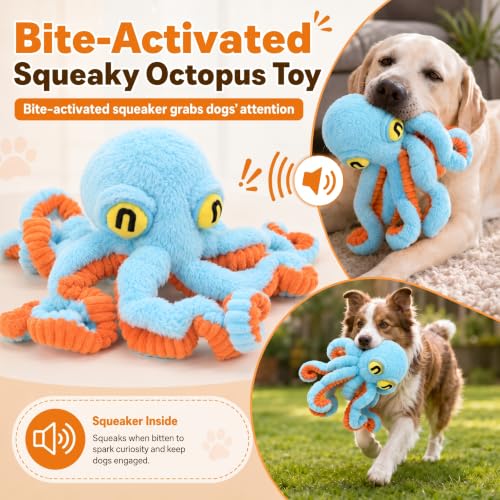 Squeaky Dog Plush Chew Toy, Interactive Tug Squeaky Toy for Chewers, Medium & Large Dogs & Fetch Play, 19.7 Inch Stuffed Octopus Toy with Flexible Spring Tentacles for Gentle Gum Care & Boredom Relief - color: Blue (Big Octopus)