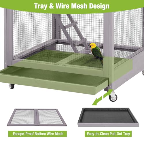 GUTINNEEN Large Bird Cage Outdoor Wooden Aviary Indoor on Wheels, with Play Stand, Perches, Nest Habitat & Wire Mesh Tray for Easy Cleaning