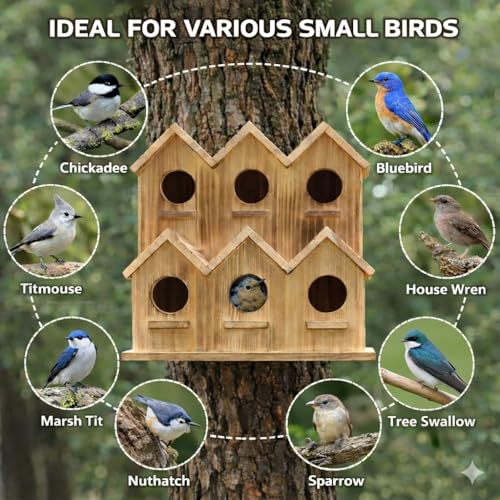 Wooden Bird Houses for Outside, 8 Room Hanging Birdhouse, Large Bird House for Bluebird Finch Cardinals, Decorative Outdoor Bird Nesting Box