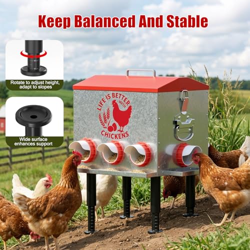 Pawaboo 55LBS Large Capacity Automatic Chicken Feeder | 2026 Upgraded No Waste Poultry Feeder, 7 Feeding Ports, Viewable Feed Level Window - color: Red + Silver