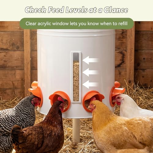 KOL 50 LB Chicken Feeder & 3 Gallon Chicken Waterer Set, All-Metal No-Waste Poultry Feeder & Automatic Gravity Waterer with 8 Ports & 8 Cups Chicken Coop Accessories