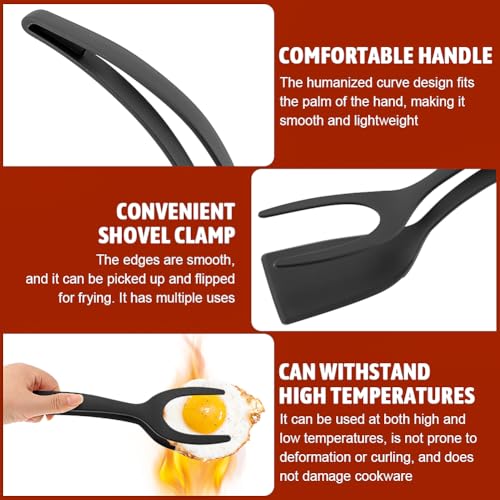 2 in 1 Egg Flipper Spatula, Non-Stick Grip and Flip Spatula Tongs for Pancakes, Omelets, Fish, Eggs, Burgers, Steaks, Heat Resistant Cooking Tool for Kitchen use(COLOR:Black+Red) - color: Black+Red