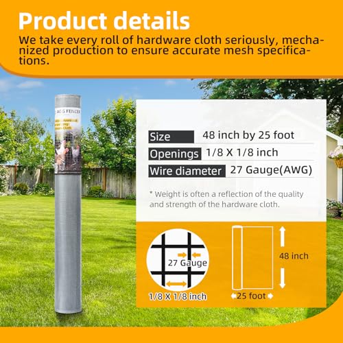 48in x 25ft Hardware Cloth 1/8 inch 27Ga Chicken Coop Wire Fence | Hot Dipped Galvanized After Welding, Welded Metal Fencing Roll Mesh for Bee Screen Garden Plant Poultry Animal Netting Cage - size: 48in x 25ft