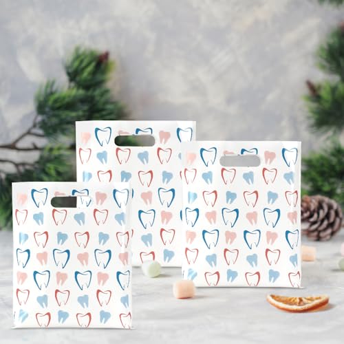 eowqeiur Dental Goodie Bags(8.2x9.4 Inch) 50 PCS Plastic Tooth Gifts Goody Snack Treat Cookie Bags with Handle Dental Assistant Must Haves Office Supplies Toothbrush Patients Hygiene Bag Bulk - color: 50 tooth bags