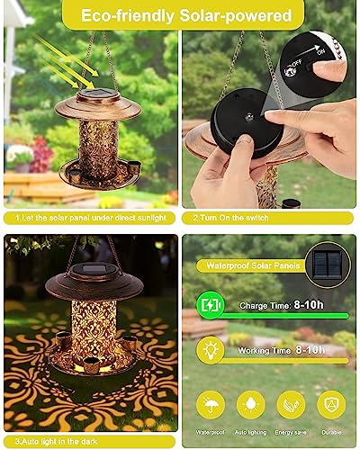 Solar Bird Feeders for Outdoors, Metal Hanging Bird Feeder with 3 Water Cups,Rust Resistant, Solar Garden Lantern for Outdoors Decor,The Perfect Choice for Gift(2.5LB)