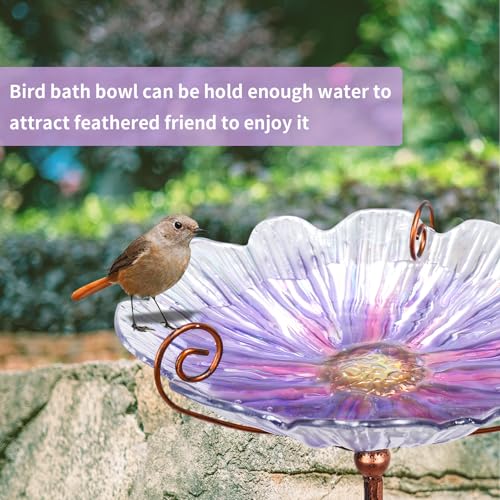 Glass Birdbath Birdfeeder with Metal Stake Garden Outdoor Purple | 31inch height stain glass bird bath for outside,Purple flower bird bath bowl,attract wild birds and beautify outdoor gardens - color: Purple