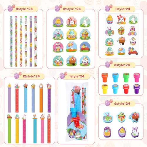 168 Pcs Easter Stationery Gifts Set Spring Easter Eraser Happy Easter Bookmark Rulers Easter Bunny Notepad Colorful Eggs Stickers Pencils Stamps for Reward Stuffer Filler Party Supplies