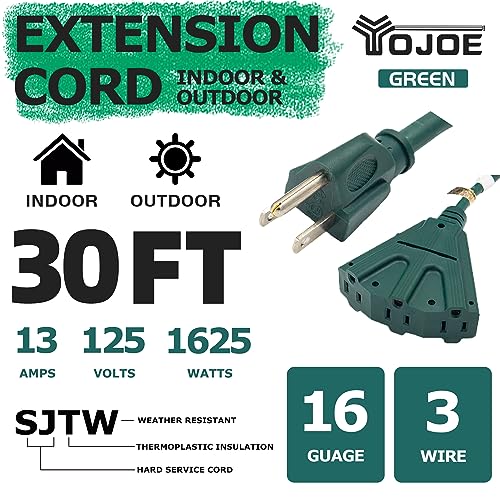YOJOE 3-Outlets Indoor Outdoor Extension Cord, 3 Prong 13A Weatherproof Power Cord Multiple Outlets, 16 Gauge Heavy Duty 30 ft Green Extension Cord for Garage, Garden, 16/3 SJTW UL Certified - color: Green, size: 30 Foot, style: Standard