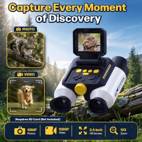 Binoculars for Kids with Night Vision,48MP Photo & 1080P Video | 10X Optical Zoom Digital Binoculars with 2.4" IPS Screen, 20 Built-in Games, STEM Outdoor Toys Gift for Boys Girls Age 4-12 - color: White
