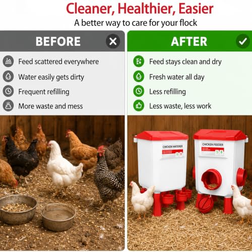 Chicken Feeder and Waterer Set, Chicken Coop Accessories with Hanging Chicken Feeder and Hanging Chicken Waterer Kit No Waste, 3 Gallon/26 Pounds, Red - color: Red, size: 12KG