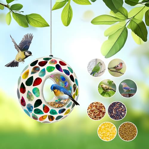 Hanging Bird Feeders for Outdoor Glass Mosaic Fly Through Wild Bird Feeder Round Shape Birdfeeder for Outside Garden Yard Patio Decoration White - color: White