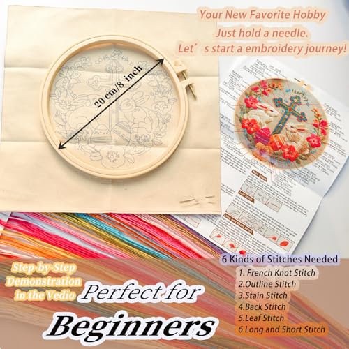 FONNUY Easter Rabbit Floral Cross Embroidery Kit, Easter Egg Happy Rabbits Bunny Stamped Pattern Kits for Audlt Beginners, Hand Works Crafts, 8 x 8'' (Happy Bunny 01) - color: Happy Bunny 01