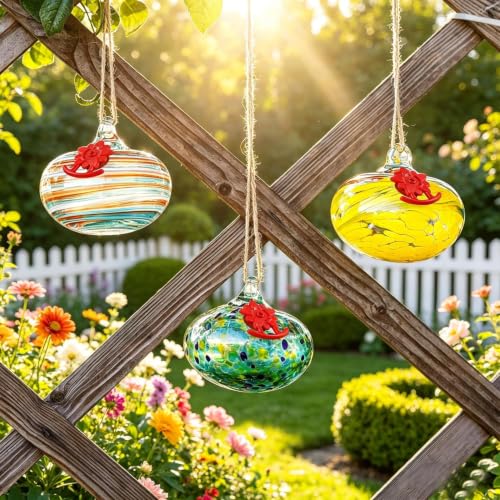 QFkris 3 Pack Blown Glass Hummingbird Feeder for Outdoors Hanging | 3.2" Small Humming Bird Feeder with Flower Feeding Ports for Outside, Garden Backyard Decor, Gifts for Women - color: Rainbow