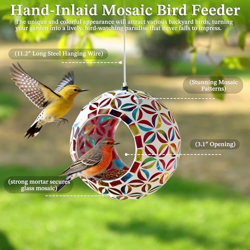 VOREEN Mosaic Glass Bird Feeder, Handcrafted Hanging Fly-Through Feeder for Outdoor Garden & Backyard, Decorative Wild Bird Feeder with Steel Wire Cable –Colorful Floral Mosaic Style - color: Multicolor kiss