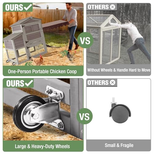 Mobile Chicken Coop with Run, Large Outdoor Wooden Poultry Cage Hen House with Wheels, Nesting Box, Pull-Out Tray, Waterproof Roof, Grey, 79.1" L x 25.2" W x 43.6" H, for 4-6 Chickens - size: 79.1"L x 25.2"W x 43.6"H