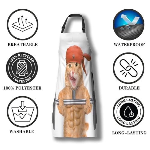 Apron Kitchen for Women Fitness Cat Mans Aprons for Cooking Funny for Kitchen Cooking Restaurant BBQ Painting Crafting Gardening 27” (W) x 31” (H), Waterproof Apron - color: Fitness Cat