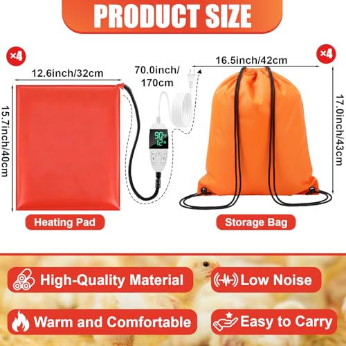 4 Pack Heated Chicken Pad for Brooders Small Animal Pet Heating Pad Warming Chick Nesting Mat with Temperature and Timer Waterproof Chicken Coop Heater Mat(15.7 x 12.6 Inches) - size: S