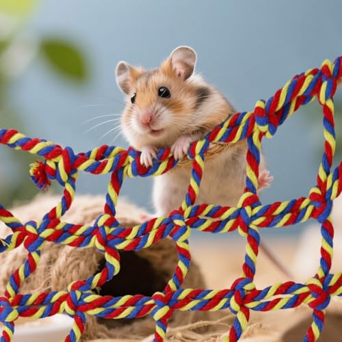 Parrot Climbing Net, Colorful Woven Pets Climbing Net with 4 Hooks, Small Animal Hanging Hammock Net Rat Cage Accessories for Parrot, Hamster (Red, M)